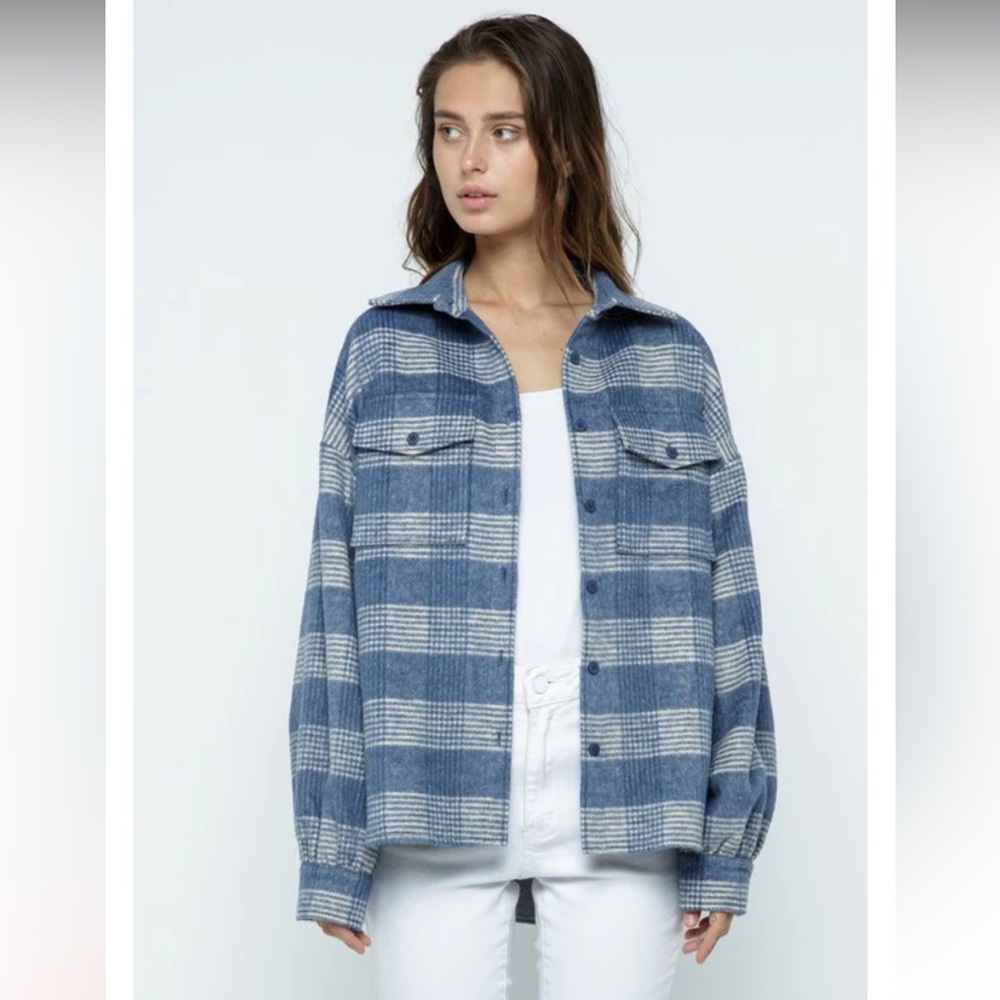 Blushing Brunette Boutique Patterned Shacket Moonlight Blue